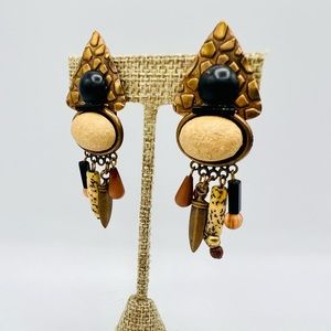 Chunky antique bronze vintage beaded clip on earrings dangles earthy boho